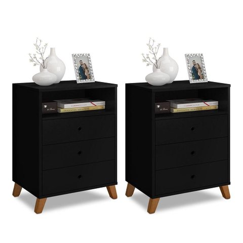 Kit 2 Criados de Cabeceira Retro Pes Palito 3 Gavetas e 1 Nicho Preto