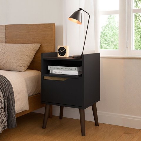 Mesa de Cabeceira Retrô com Pés Palito de Madeira Gabriela:preto