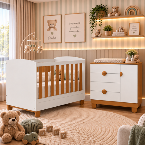 Quarto de Bebê Completo Apolo | Berço 2 em 1, Cômoda Sapateira 100% MDF