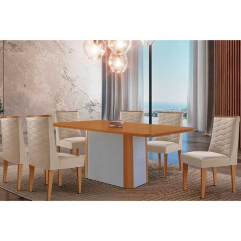 Conjunto: Mesa Sala Jantar Pietá C/ Tampo Madeirado Canto Curvo 180x90cm e 6 Cadeiras Dafne