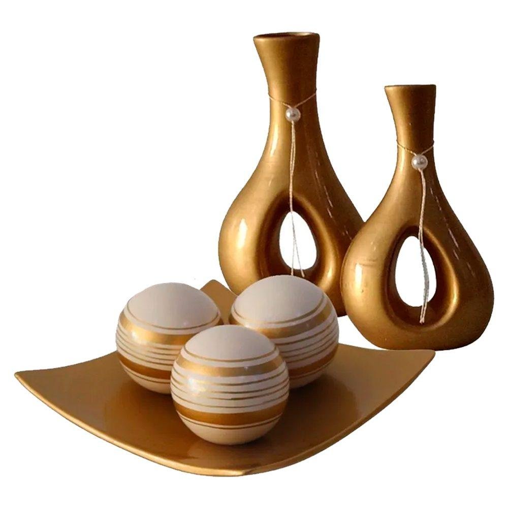Jogo de Vasos Par Furados e Centro de Mesa 3 esferas Cerâmica - Gold Flick - 1