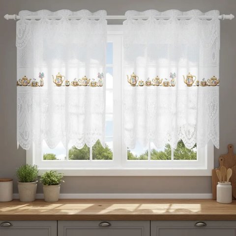 Cortina Pia Vitro Stilo Renda Cozinha 1,60x0,80 Alt:Bule Dourado