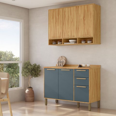Cozinha Modulada Compacta 2 Peças 6 Portas MDF 120cm Malta Espresso Móveis Cinza/Amêndoa/Platina