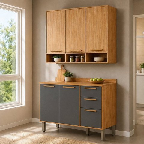 Cozinha Modulada Compacta 2 Peças 6 Portas MDF 120cm Malta Espresso Móveis Cinza/Amêndoa/Platina