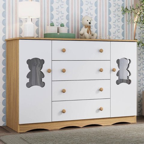 Cômoda Infantil 125cm 2 Portas com Vidro e 4 Gavetas Doçura Multimóveis Mp4495 Madeirado/branco