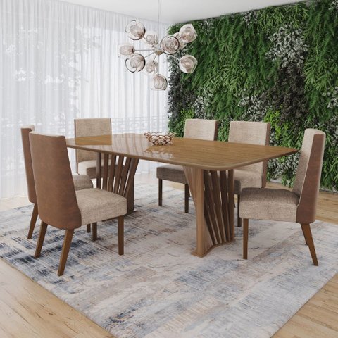 Conjunto Sala Jantar Mesa Adriana 200 cm Canto Arred C Vidro 6 Cadeira Anne Henn