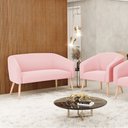 Ver imagem 2 de Kit 01 Namoradeira 02 Lugares e 01 Poltrona Stella Suede Rosa Bebê Pés Palito Natural - D’Rossi