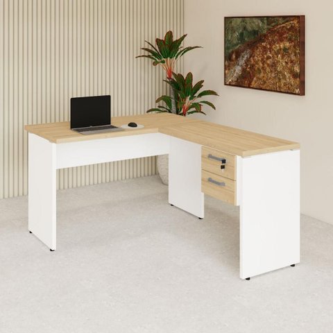 Mesa de Escritório em L 30mm com Gaveteiro Suspenso e Chave F5 Office Cor:Macadâmia com Branco