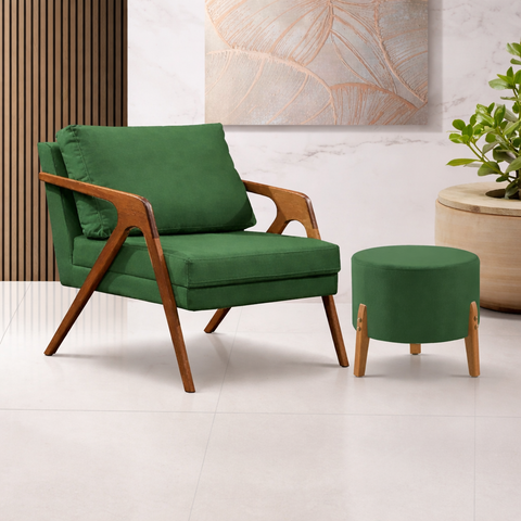Poltrona Mona Decorativa + Puff Thor Linho Verde Base em Madeira Maciça