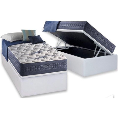 Cama Box Baú Solteiro: Colchão Molas Anjos MasterPocket Ensacadas Bluse Sea + Base CRC Courano White