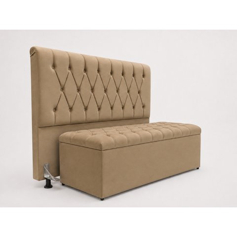 Kit Cabeceira e Calçadeira Baú Mallu Casal 140 cm - Veludo Bege Escuro