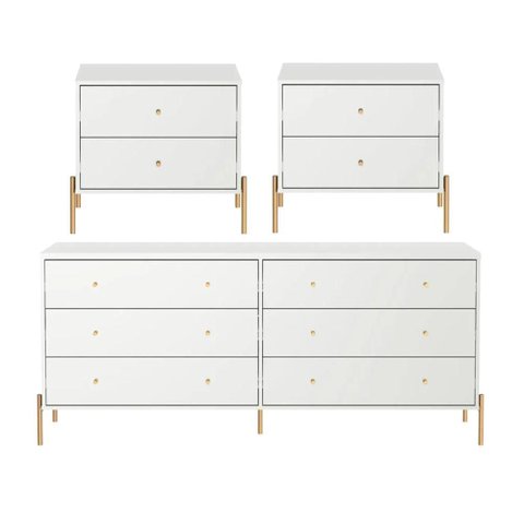 Conjunto 2 Mesas de Cabeceira e Cômoda 6 Gavetas Jasper - Branco c/ Dourado
