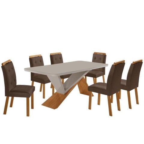 Mesa de Jantar Yasmin 180cm Tampo com Vidro 6 Cadeiras Carol Veludo Marrom/nat/off/serig. Off