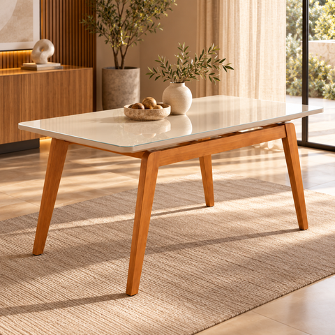 Mesa de Jantar Neo 160x80 Tampo MDF Base Madeira Maciça:Off White/Vidro