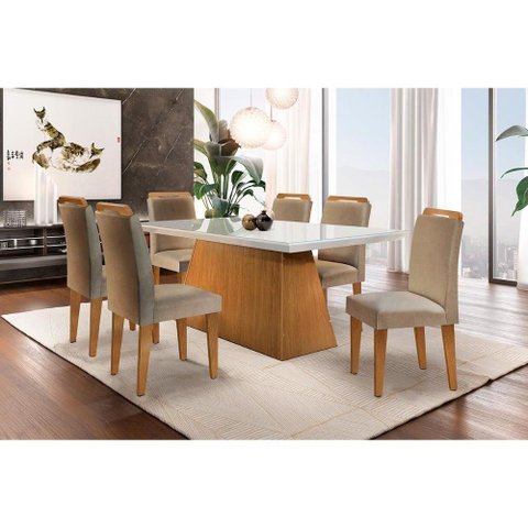 Conjunto: Mesa Sala Jantar Luna c/ Tampo Madeirado c/ Vidro Canto Reto 180cm + 6 Cadeiras Athenas
