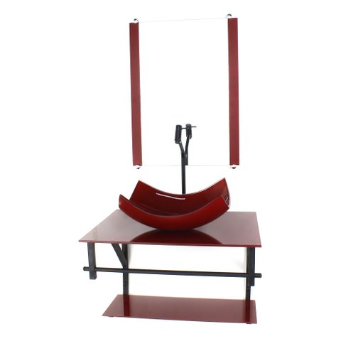 GABINETE DE VIDRO PARA BANHEIRO 60CM AP CUBA RETANGULAR CURVADA VERMELHO CEREJA FULL COM TORNEIRA PR