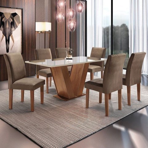 Conjunto Sala de Jantar Mesa com 6 Cadeiras Vidro e MDF Espanha East Yescasa Marrom
