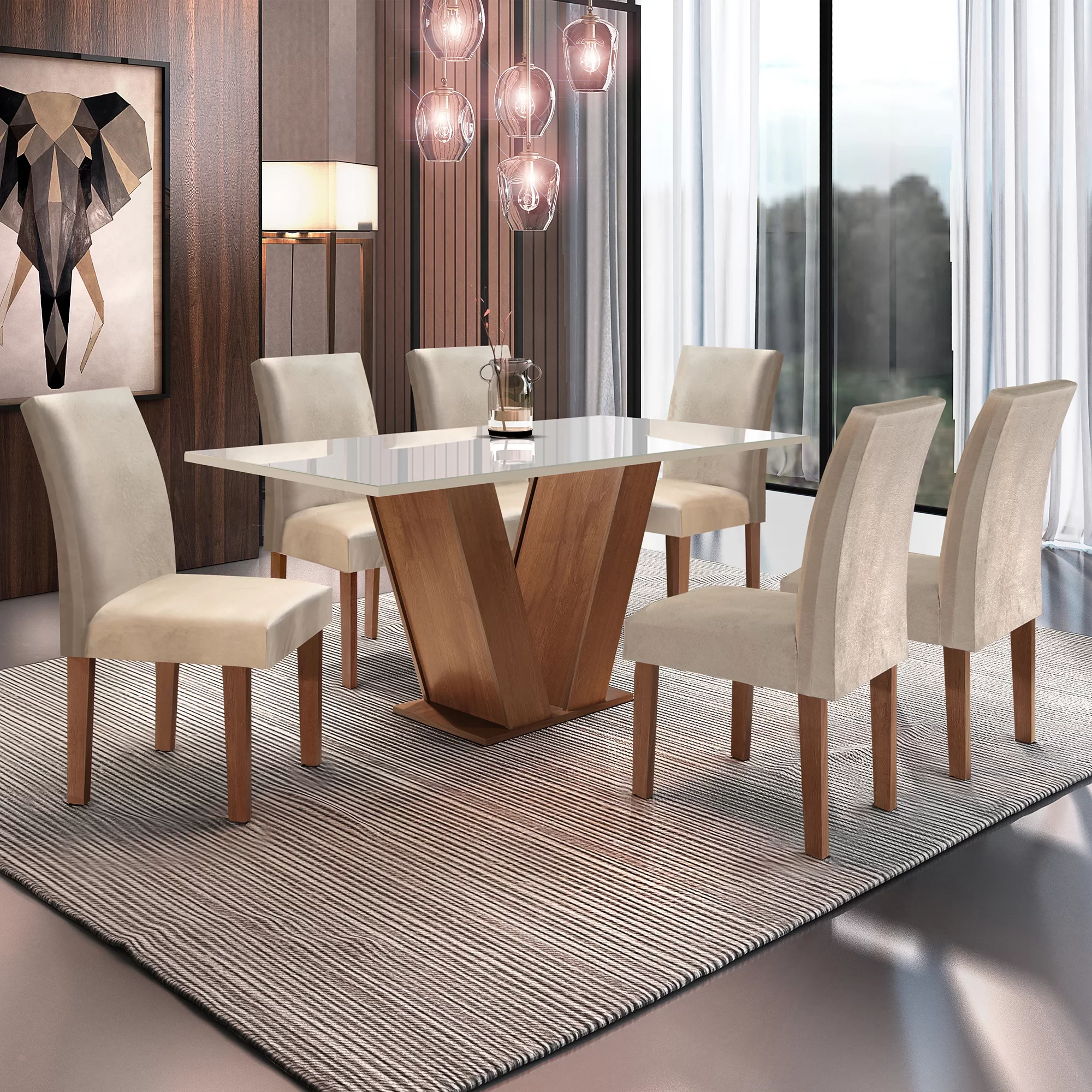 Conjunto Mesa com Vidro Pés Madeira Maciça 6 Cadeiras Madeira