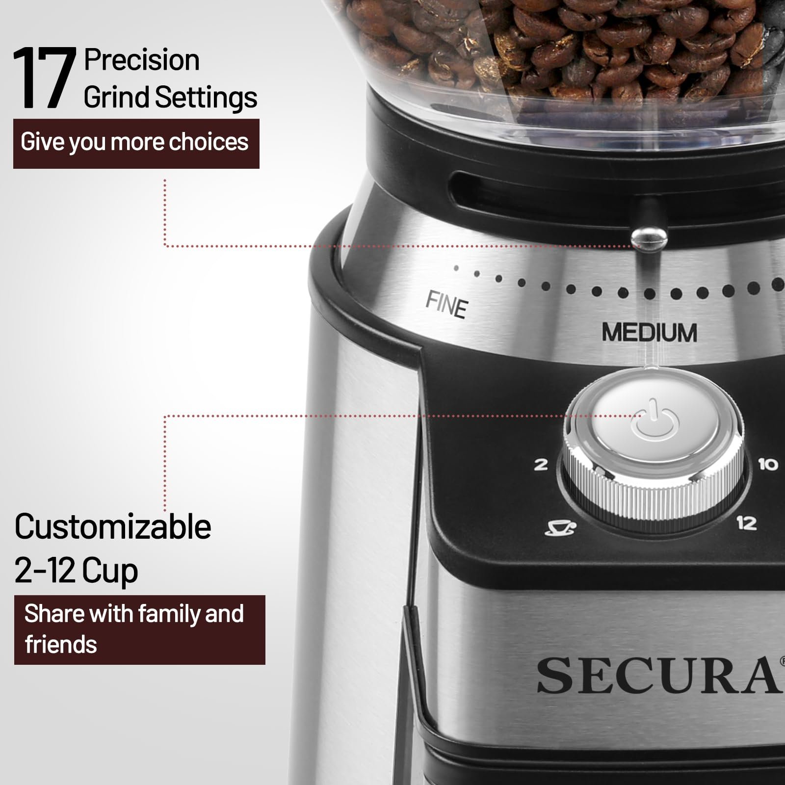 Secura Moedor de Café Conical Burr Elétrico com 17 Configurações de Moagem - 2