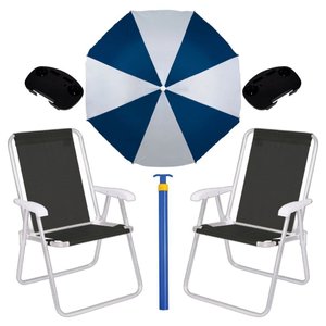 Kit Praia Completo Mor Guarda-sol 1,80 + 2 Cadeira Preta Cor:azul Marinho