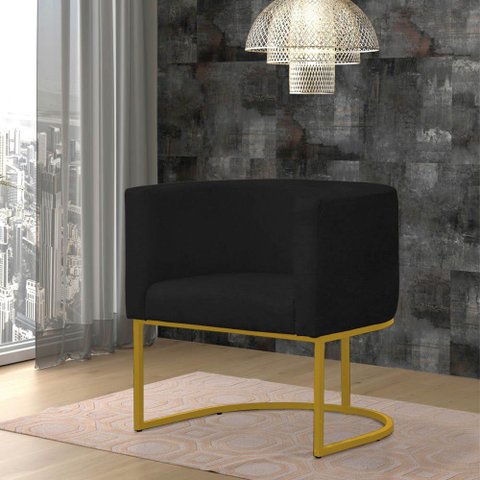 Poltrona Reforçada Decorativa Sala Estar Jantar Gabriela Base Ferro Dourado Suede Preto