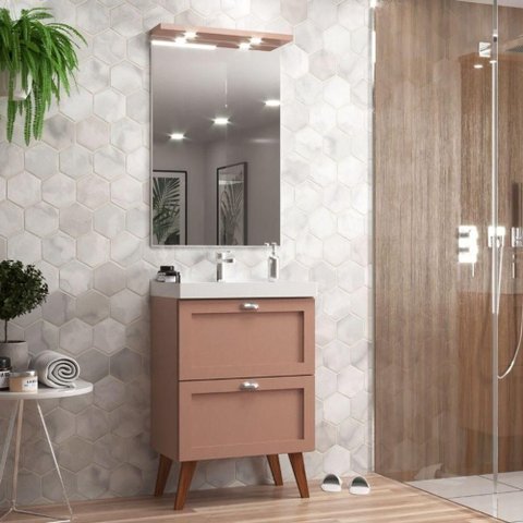 Gabinete para Banheiro com Cuba e Espelheira 60cm Retro Mdf Rosa Milano - On Móveis