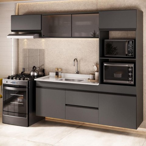 Armário de Cozinha Modulada Completa com Pia Suspensa 251,5cm Milano Multimóveis MCR2405 Grafite/