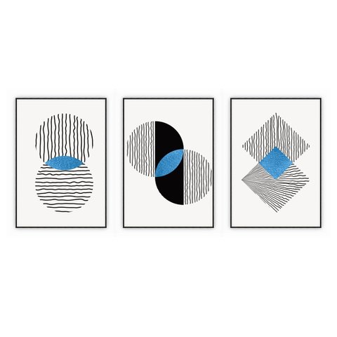 kit com 3 Quadros Decorativos Abstratos com Moldura e Vidro para Sala Quarto Escritório e Clínica 52
