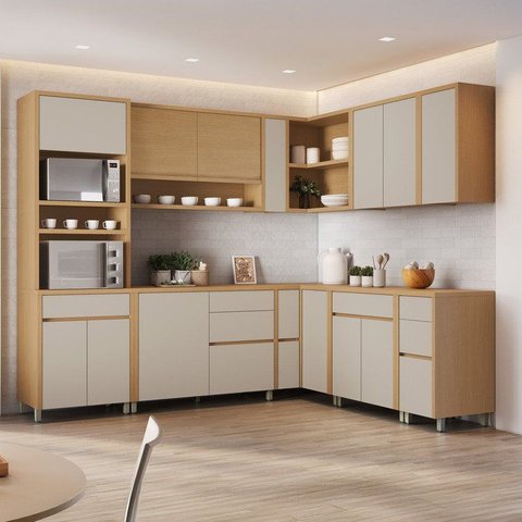 Cozinha 11 Peças Condessa Canto Torre Quente 100% MDF Bege/Carvalho Greige