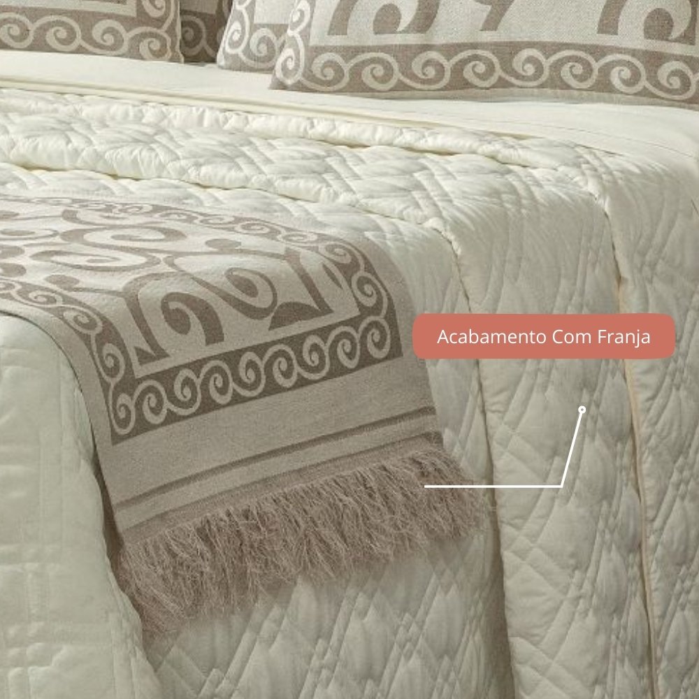 Xale Peseira Decorativo com Franja Turin Jacquard Estampado Arabesco Bege - 5