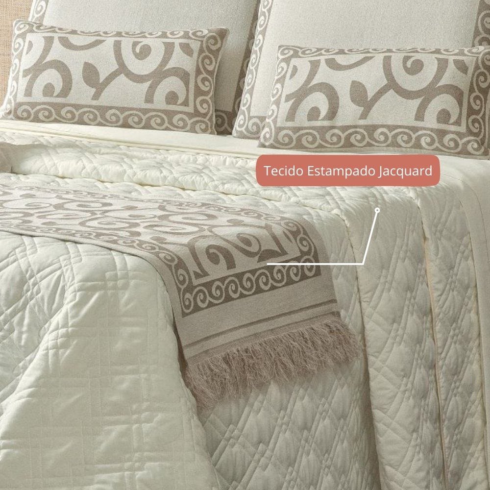 Xale Peseira Decorativo com Franja Turin Jacquard Estampado Arabesco Bege - 4