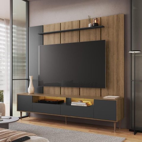 Rack com Painel para TV até 75 Polegadas Crart-RCP001 MDP com Iluminação LED Mel Grafite Multimó