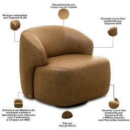 Poltrona Decorativa Orgânica Giratória para Sala Living Barolo L06 Couro Camel - Lyam Decor - 5