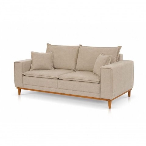 Sofá Margot 3 Lugares Fixo 180cm Bege Linho Base Madeira Almofada Solta Margot