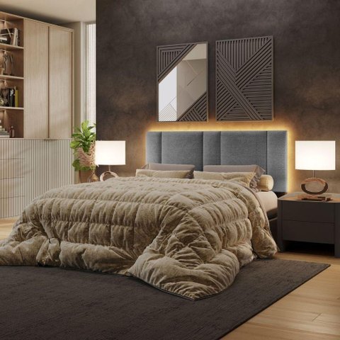 Cabeceira Estofada Cama Casal Queen Size Led Splend 160 Cm Linho Cinza