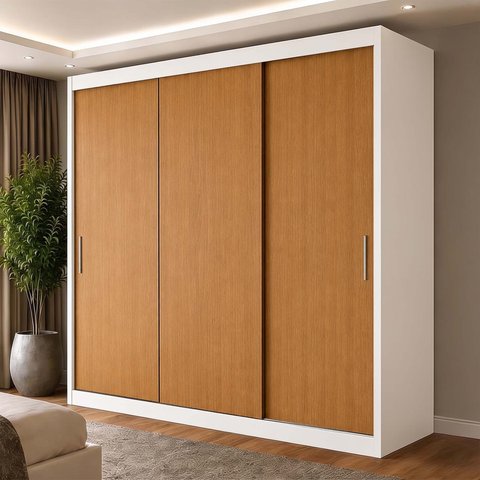 Guarda-Roupa 100% MDF 3 Portas de Correr 4 Gavetas 193x213x55cm Cinamomo/Branco