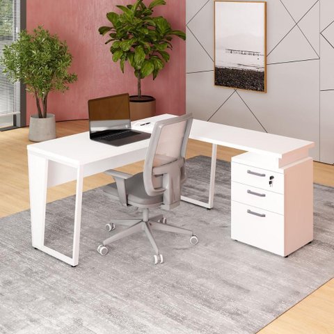 Mesa Escritório 1,50m Gaveteiro 3 Gavetas e Chave F5 Office Cor:branco