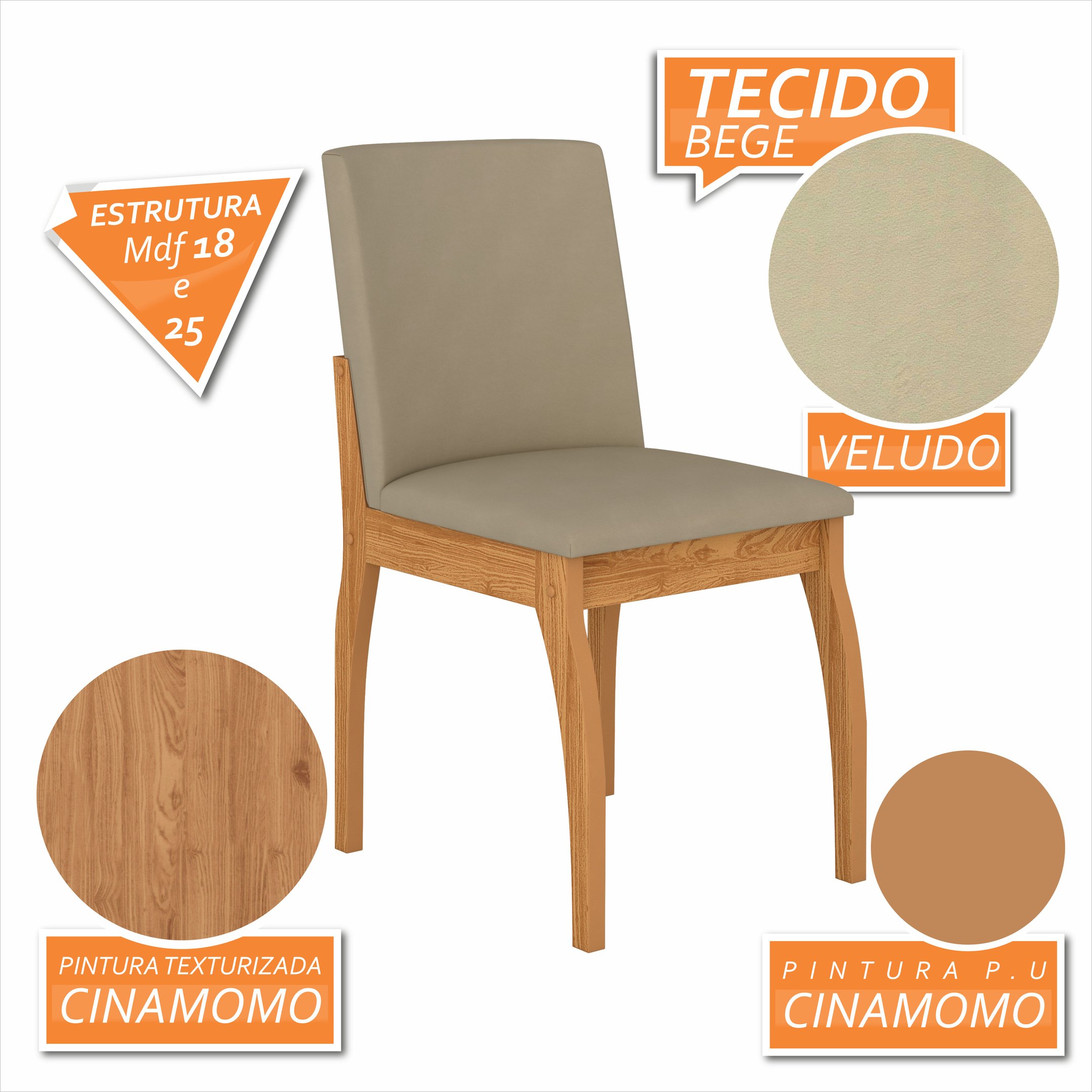 Kit 4 Cadeiras Estofadas Sucre Cinamomo/veludo Bege - Móveis Arapongas Cinamomo/veludo Bege - 3