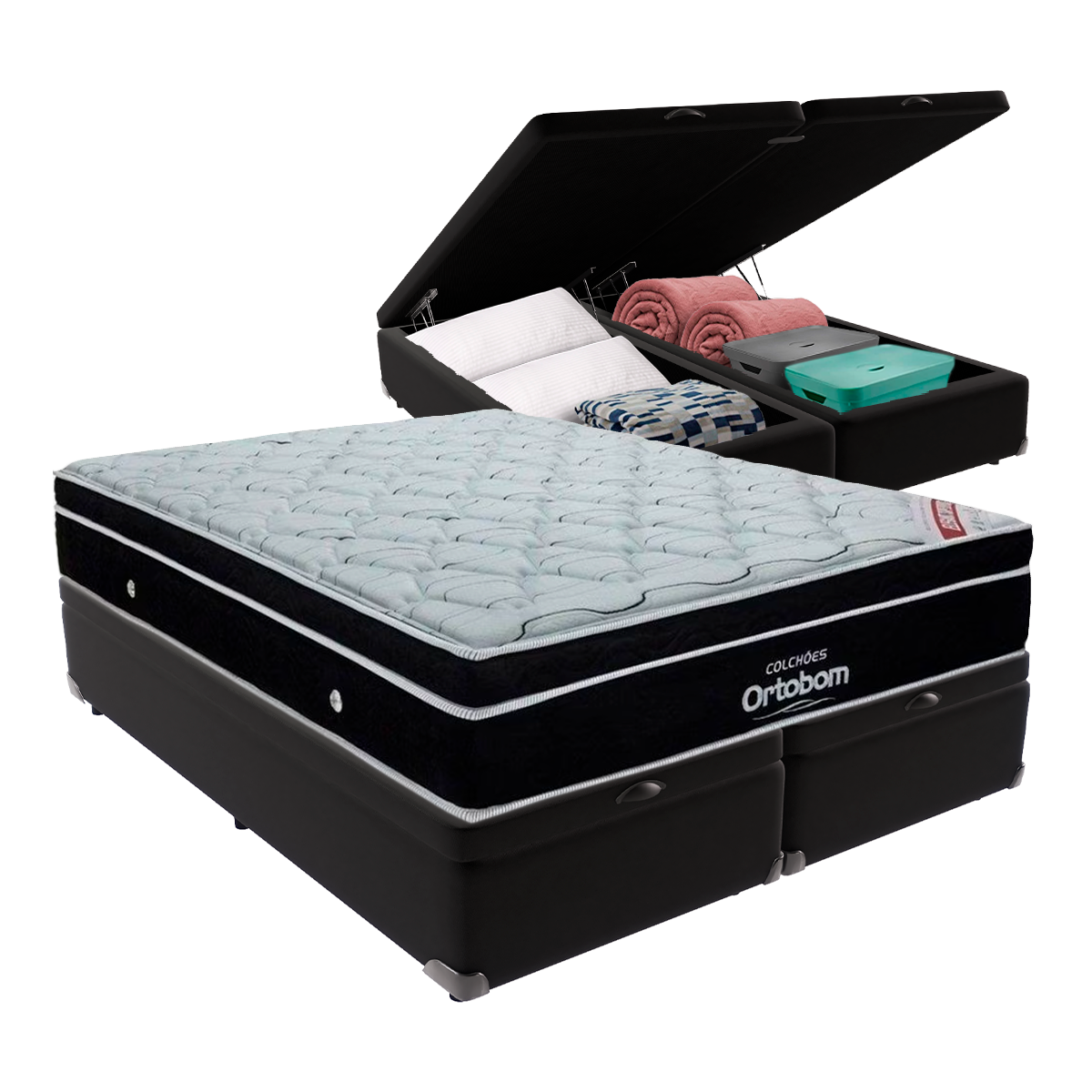 Cama Box Baú Bipartido Queen Preto e Colchão Elegant Superpocket Molas Ensacadas Ortobom