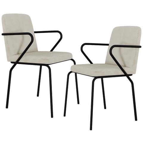 Kit 02 Cadeiras Estofada para Sala de Jantar com Braço Loft Preto C01 Bouclê Vanilla - Lyam Decor