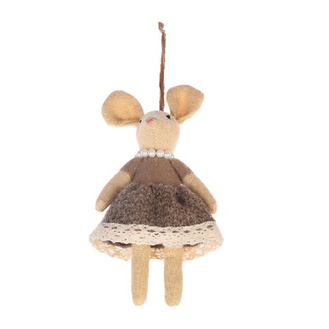 Enfeite de Natal Rata de Pelúcia com Colar de Pérolas e Vestido Marrom 18cm | Natal Formosinha