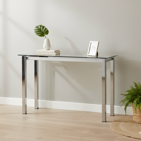 Aparador Moderno Tampo Vidro 8mm Base Aço Cromado 110cm Cinza Yescasa