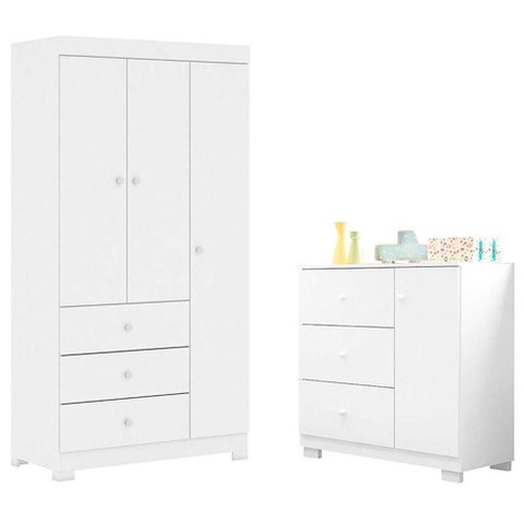 Cômoda Infantil com Guarda Roupa 3 Portas Duda Branco Brilho - Phoenix Baby