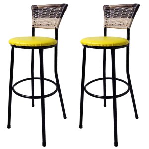 Kit 2 Banquetas Bistrô Aço Junco Sintético Degrade Assento Amarelo 