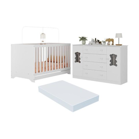 Berço Americano 3 em 1 com Colchão Incluso e Cômoda 2 Portas 4 Gavetas Teddy Multimóveis Mp4735