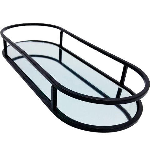 Bandeja Oval Espelhada Metal Preto Lavabo Multiuso 30x12cm