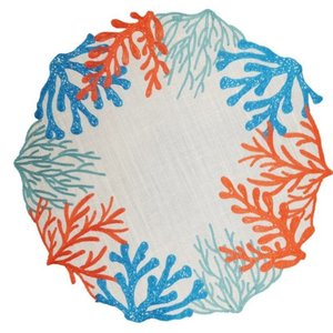 Jogo Americano Auguri Casa Coralli Branco C/ Bordado Coral e Azul 40 Redondo