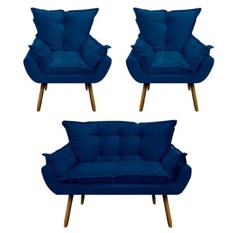 Kit 02 Poltronas e 01 Namoradeira Mariana Suede Azul Marinho Slk Decor