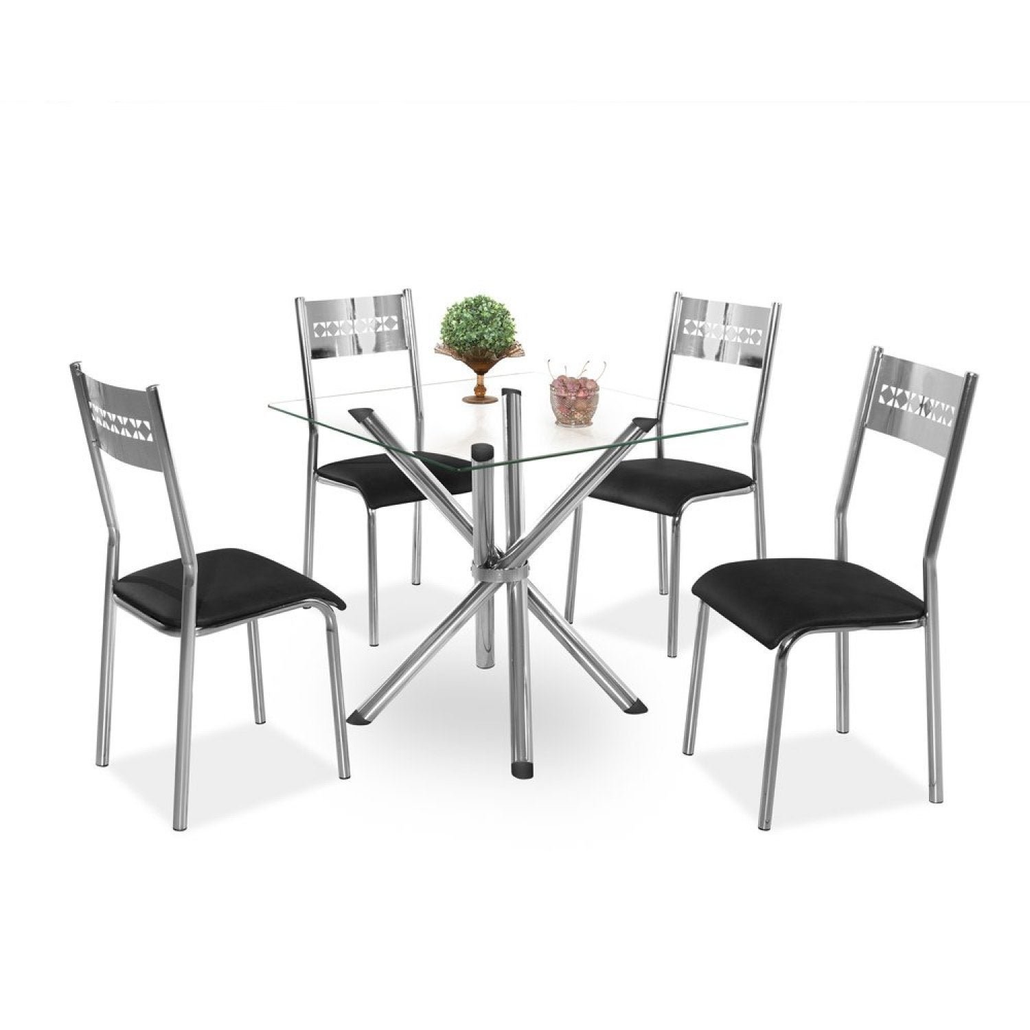 Conjunto com Mesa Tampo de Vidro 4 Cadeiras Pietra Aço Nobre