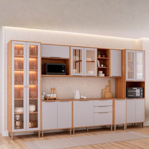 Cozinha Modulada 8 Peças Brilhante 1 Cristaleira 3 Balcões 3 Armários Aéreo 1 Torre Cinamomo/Platina